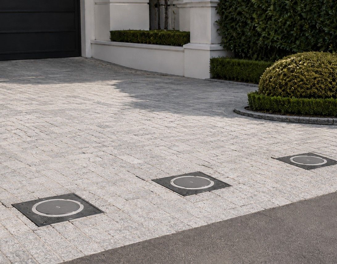 Retractable electric bollards fully lowered flush with the driveway surface leaving a clear entrance