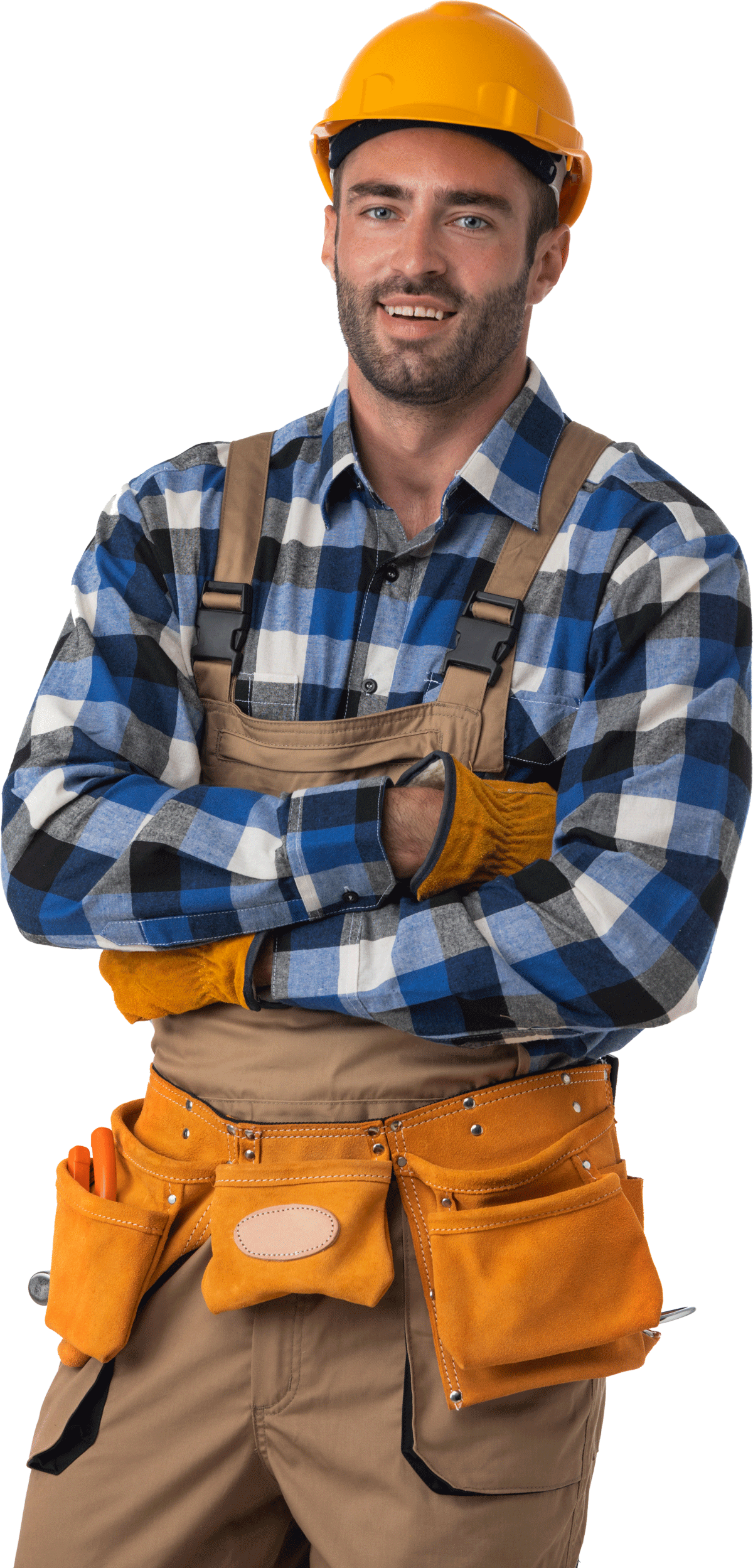 A man wearing a hard hat and overalls is standing with his arms crossed.
