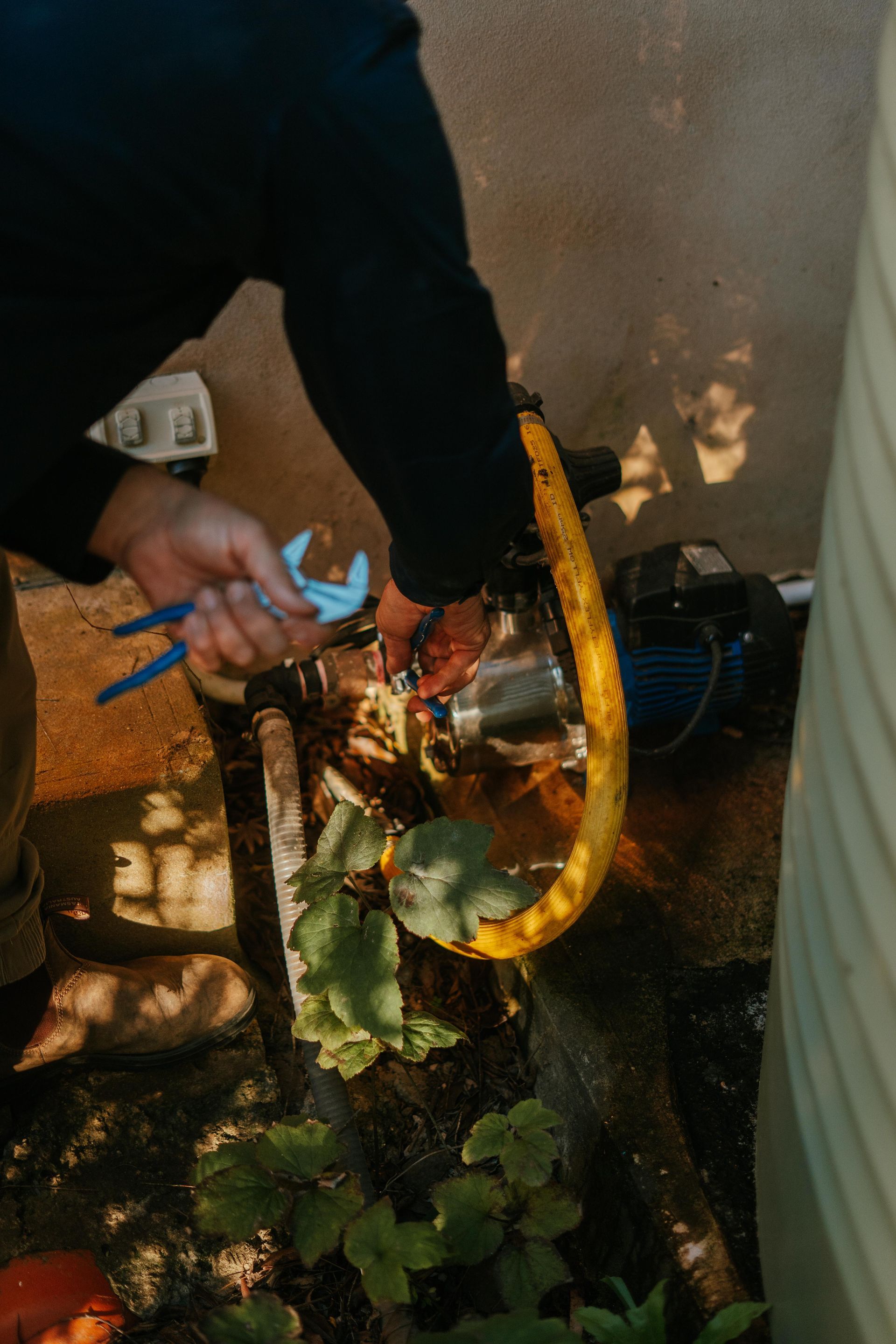 Person pours liquid from a blue bottle onto a small fire in a garden area — The Plumbing & Drainage Co. in Southern Highlands, NSW