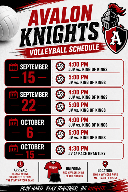 Avalon Knights volleyball schedule poster with dates, game times, and opponents on black, red, and white background