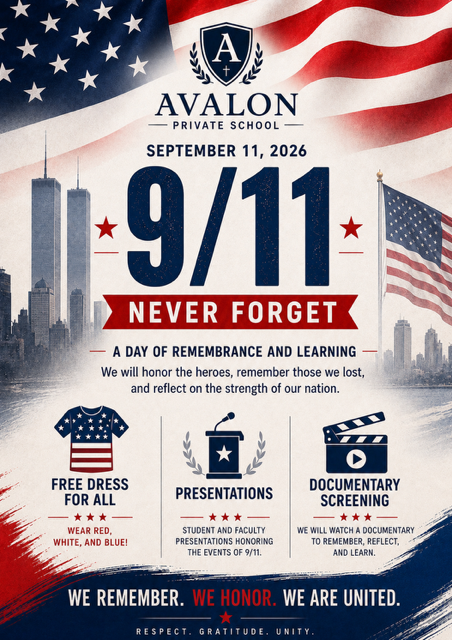 Avalon Veterans Day 9/11 tribute poster with American flag, city skyline, and event details