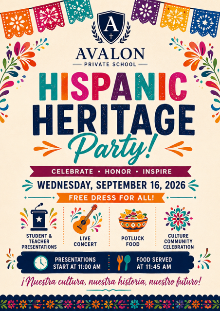 Avalon private school Hispanic Heritage Party flyer with colorful bunting, date, activities, and food details