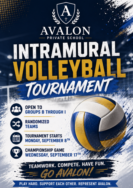 Avalon Private School intramural volleyball tournament poster in navy, gold, and white with a volleyball graphic
