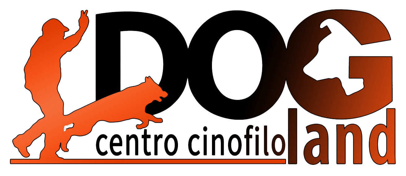 Sagoma arancione di una persona che addestra un cane. "DOG" in nero, testa di cane all'interno della "O", "land" in marrone. "centro cinofilo" in basso.