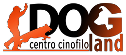 Sagoma arancione di una persona che addestra un cane. "DOG" in nero, testa di cane all'interno della "O", "land" in marrone. "centro cinofilo" in basso.