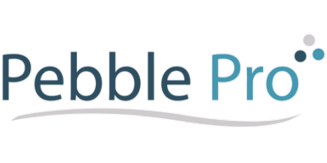 Logo for Pebble Pro. Text in dark and light teal with a curved gray line below.
