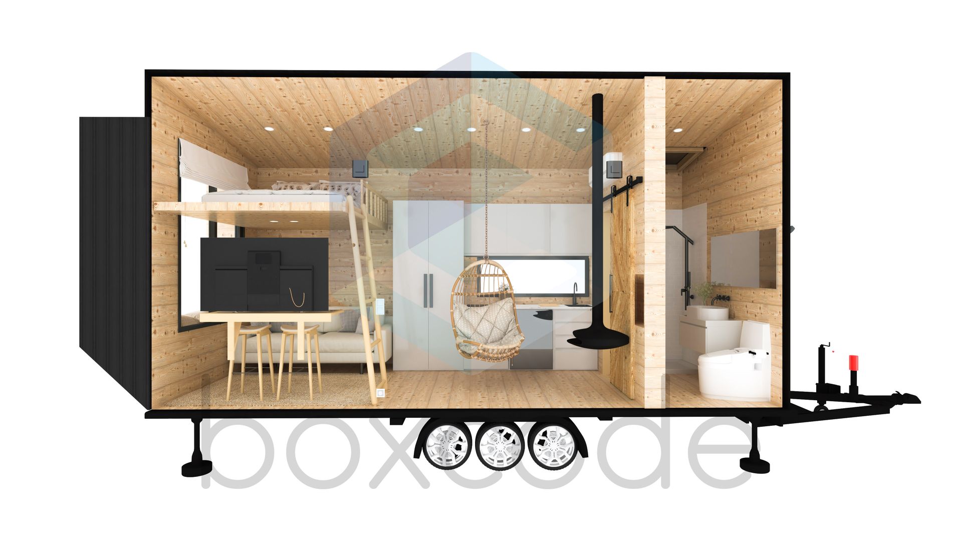 Cross-section of tiny house on trailer with wood interior, loft bed, bathroom, and hanging chair.