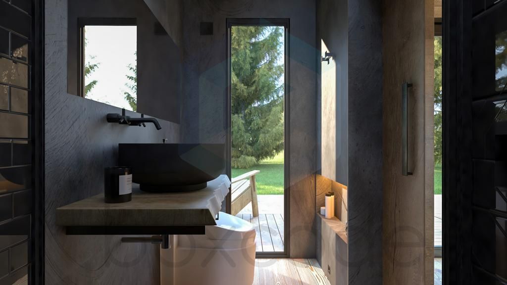 Modern bathroom with black sink, long window, and neutral color palette.