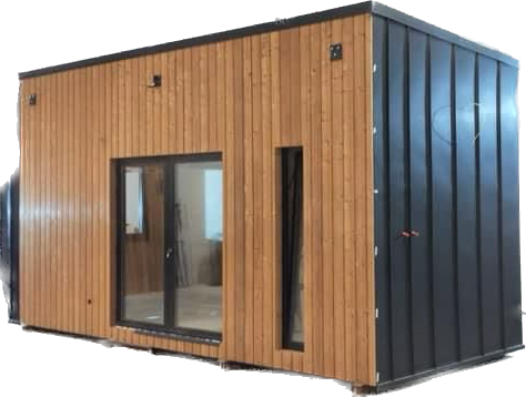 Modern rectangular building with wooden facade, black metal side, and glass doors and windows.