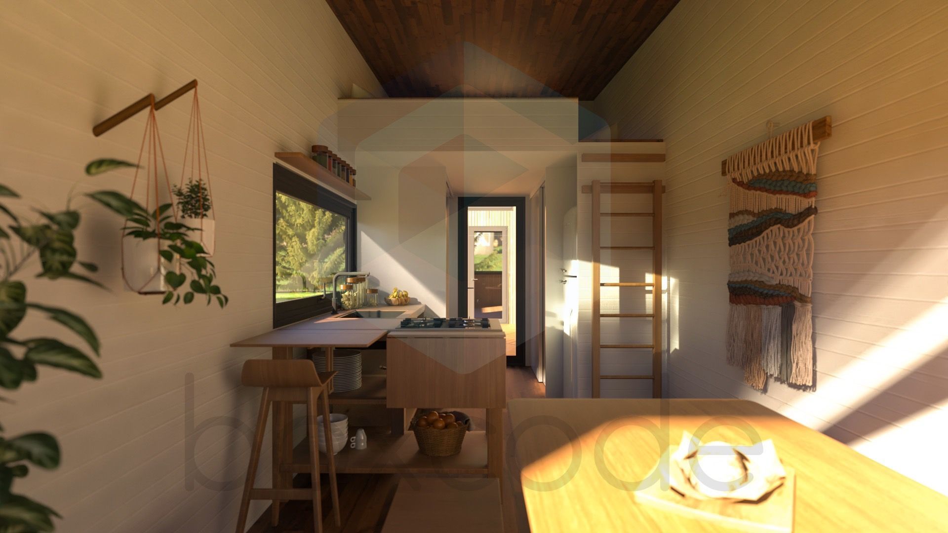 Interior of a tiny home with a kitchen, dining area, and loft. Warm sunlight fills the space.