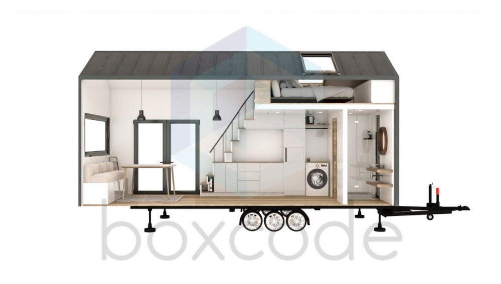 Cutaway view of a tiny home on a trailer, showing interior layout with a loft bedroom and bathroom.