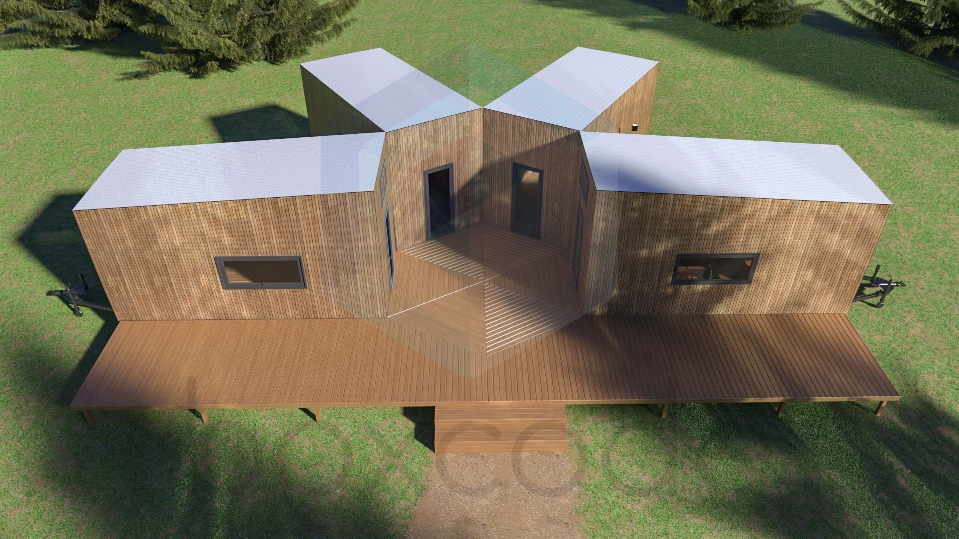 Wooden, star-shaped cabin with corrugated metal roof and deck, set on a green grassy area.
