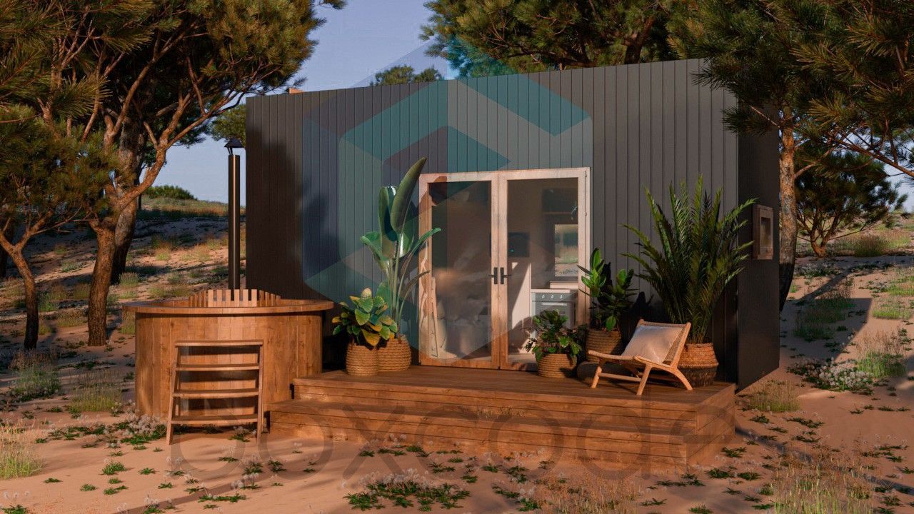 Wooden cabin with hot tub, surrounded by trees. Includes wooden deck, doors, and a chair.