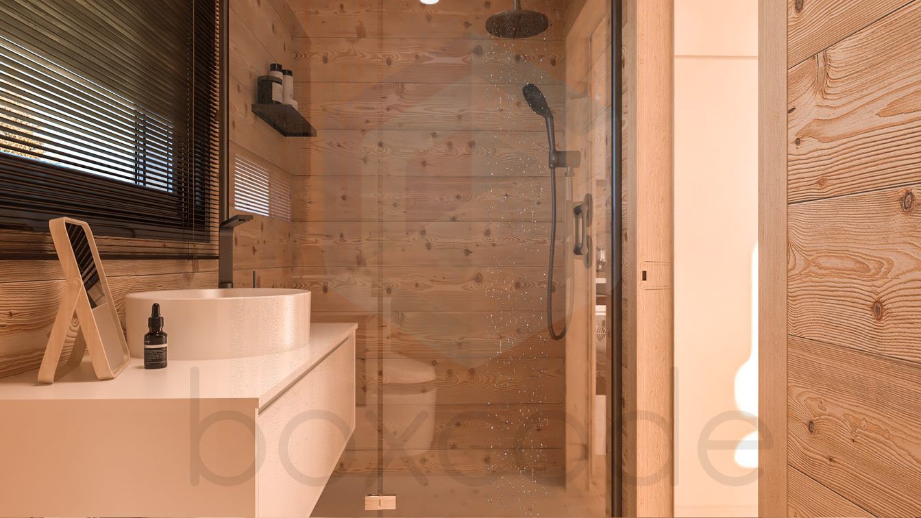 Bathroom with wood-paneled walls, glass shower, white sink, and window with a metal screen.