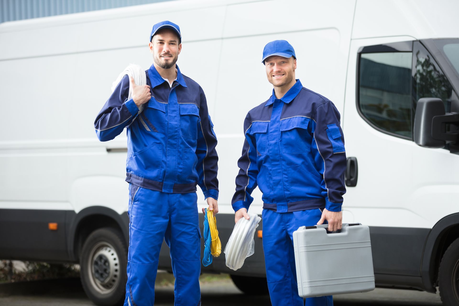 Two uniformed technicians stand by a van, holding tools and equipment.