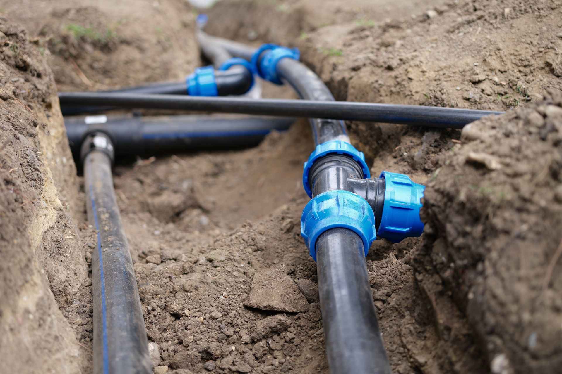 Black pipes with blue connectors in a trench, likely for irrigation or utilities.