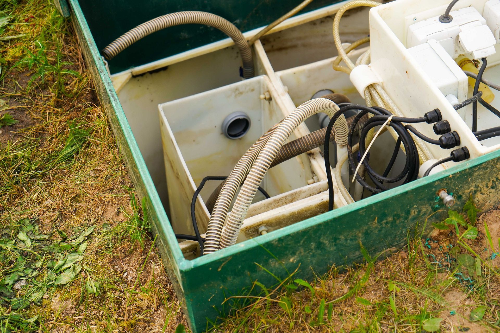 Open green box containing internal components, pipes, and electrical wiring.