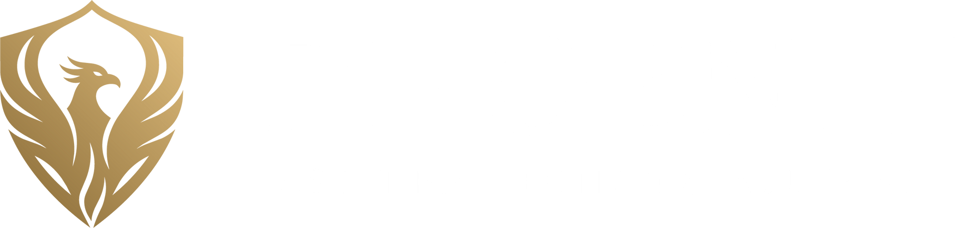 Gold shield logo with a stylized lion head on a white background
