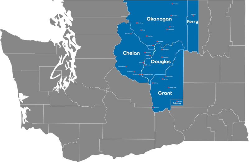 A map of the state of Washington. Okanogan, Chelan, Douglas, Grant, Adams, and Ferry counties are highlighted in blue.