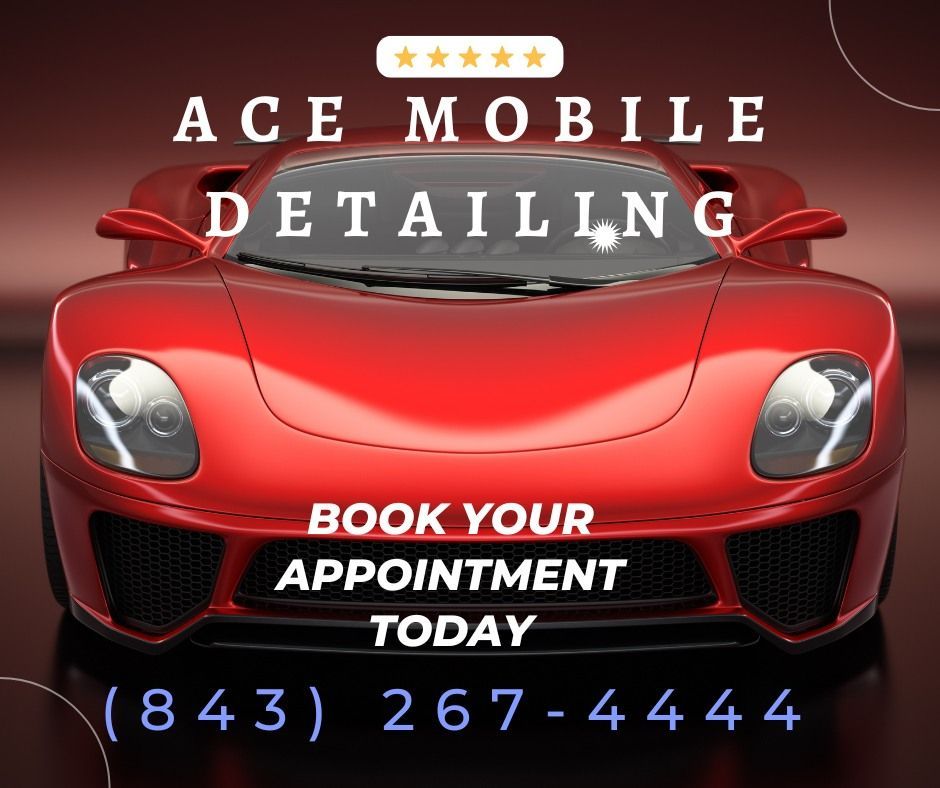An ad for ace mobile detailing shows a red sports car