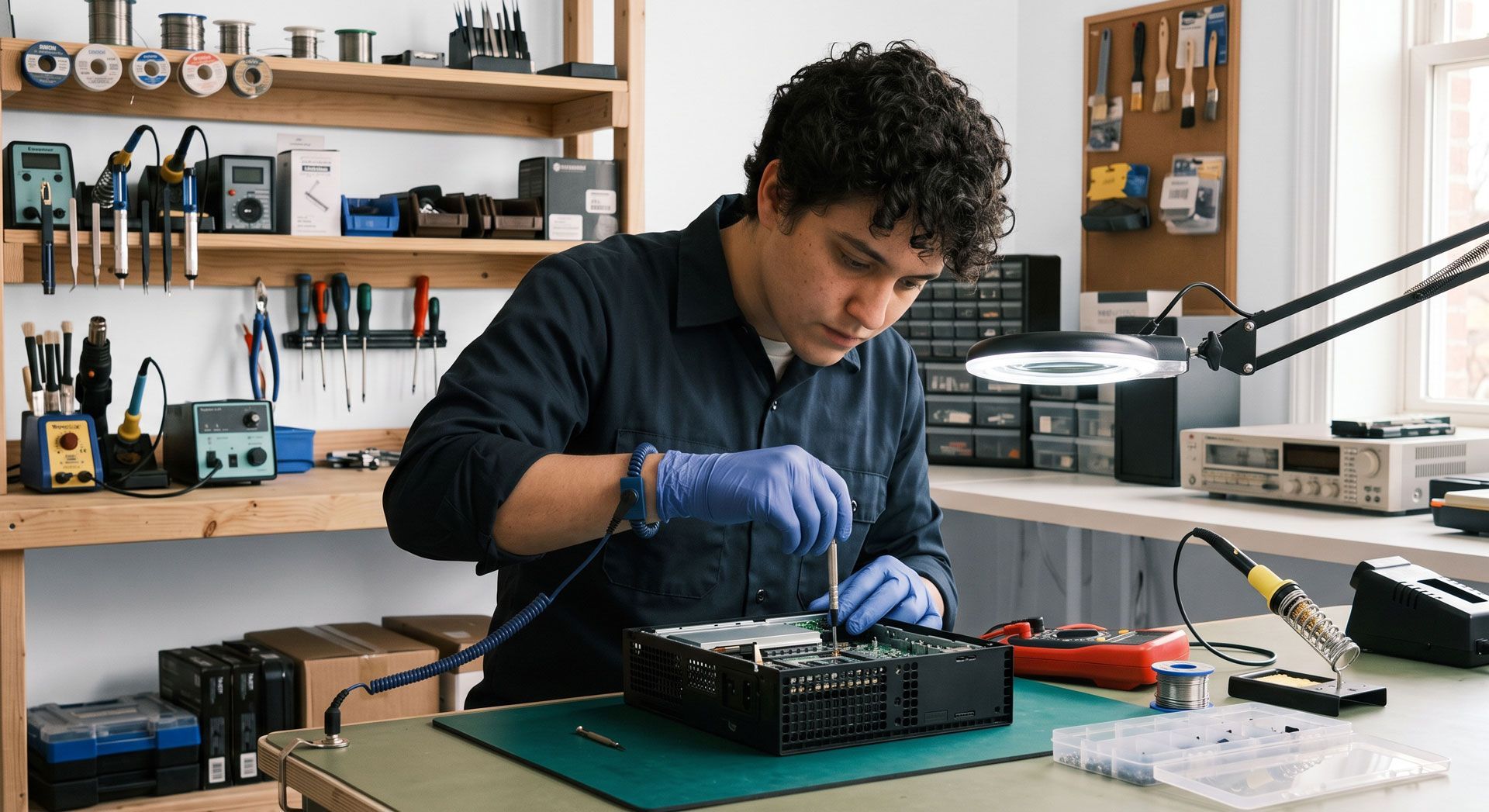 Technician repairing electronics at a workbench in a workshop, wearing gloves and using tools