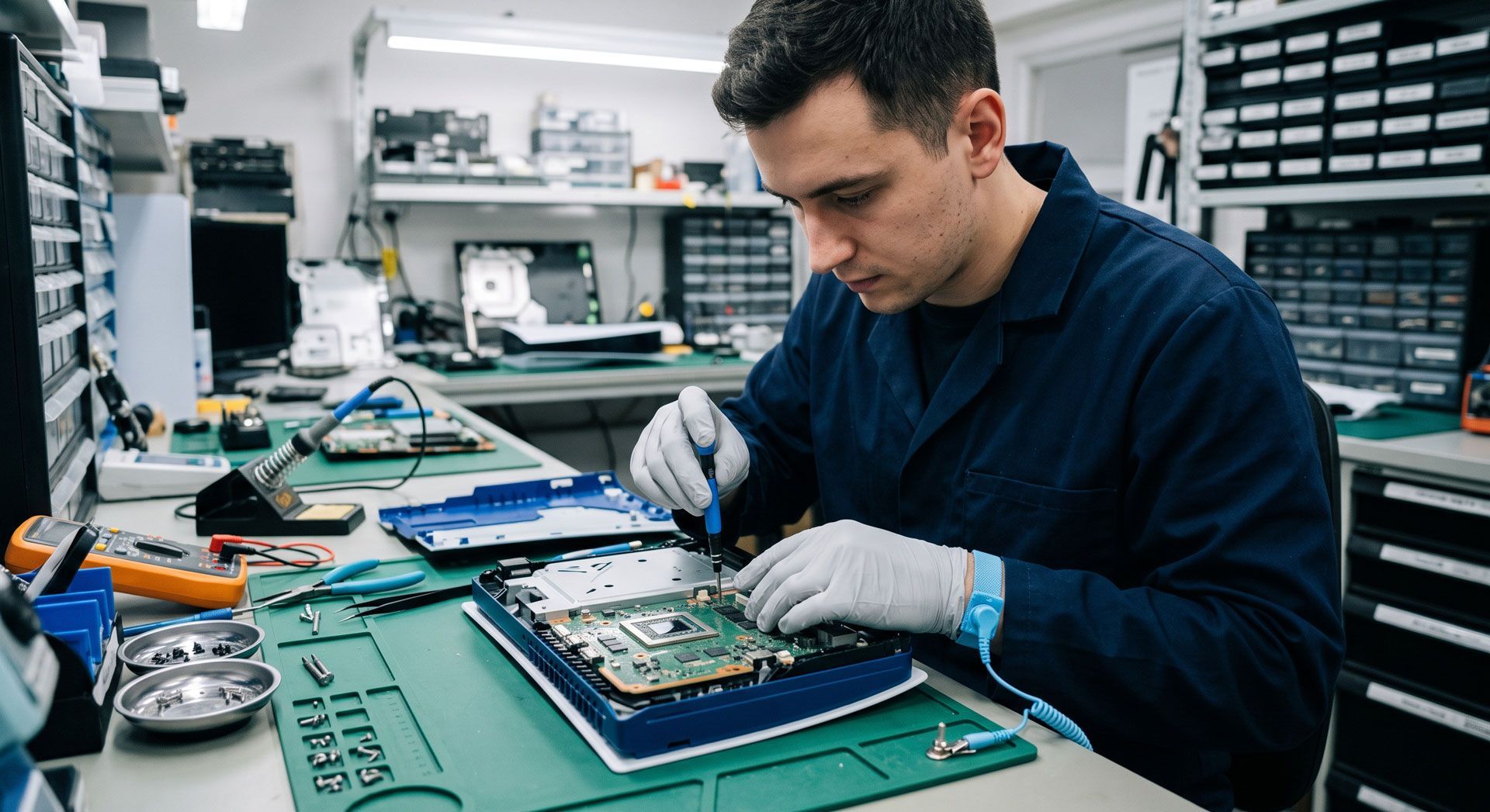 Technician in a workshop repairing a circuit board at a workbench with tools and electronic parts