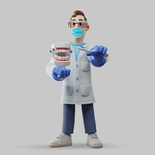 de tandarts draagt een masker en houdt een tandenborstel en een tandmodel vast.