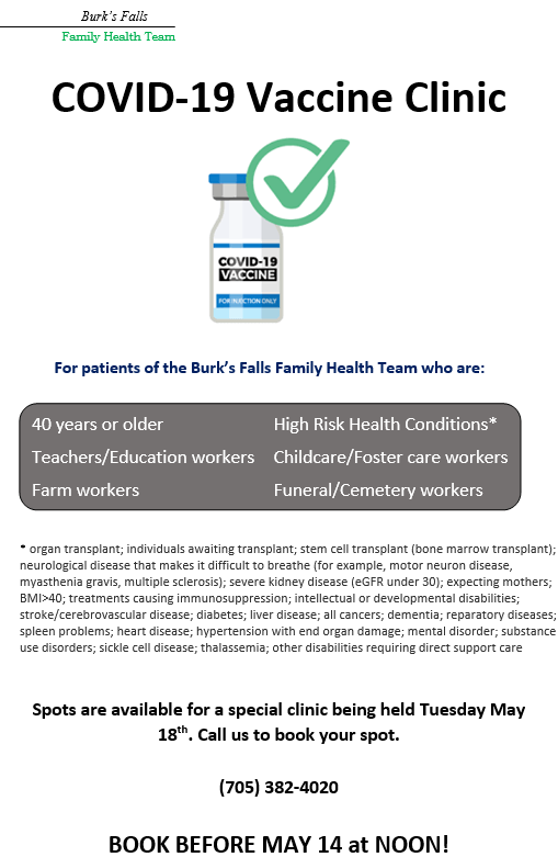 Burk's Falls Family Health Team Vaccine Clinic Appointments