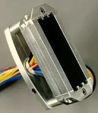 A rectangular silver metal frame with a dark interior, featuring a bundle of multicolored wires extending from its side.