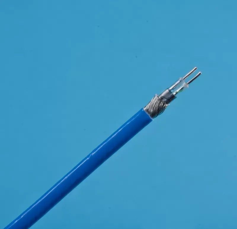 A blue, shielded, two-conductor electrical cable with the outer insulation stripped back to reveal the internal wiring.