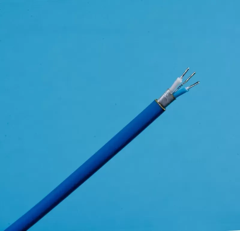 A blue insulated cable showing two internal wires, one white and one blue, against a matching blue background.