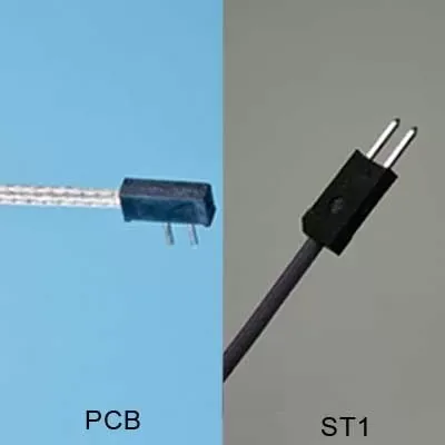 Two electronic sensor connectors side-by-side: a PCB-mount connector on a light blue background and a black ST1 connector.