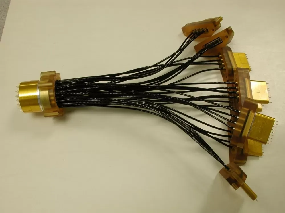 A golden circular connector on the left branches out into multiple thin black wires connecting to various smaller adapters.