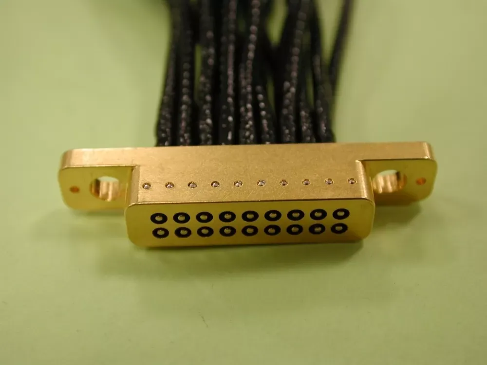 A gold-colored, rectangular 25-pin D-subminiature connector with black wires, set against a plain light green background.
