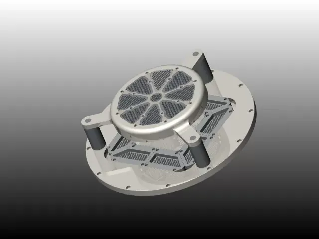 A 3D render of a mechanical component featuring a circular, segmented grid structure supported by three vertical pillars.