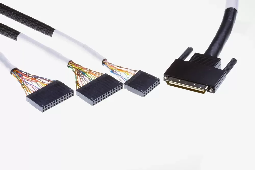 A cable assembly featuring three multi-pin rectangular female connectors branching from one end to a SCSI-style connector.
