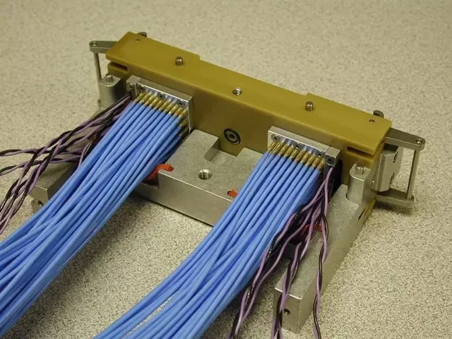 A technical device with two groups of light blue wires connected to a gold-toned block on a light-speckled surface.