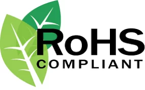 A RoHS Compliant logo featuring two green stylized leaves behind bold black text.
