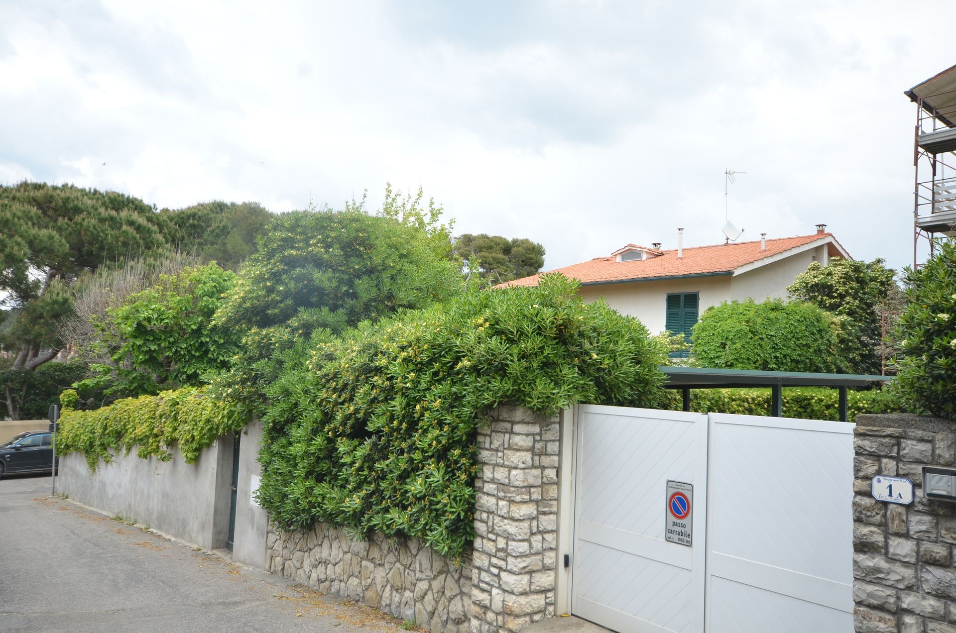 Cancello bianco e muro di pietra ricoperto di rampicanti verdi accanto a una casa in una strada tranquilla
