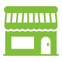 Green icon of a shop with an awning, window, and door.