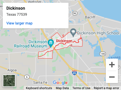Map of Dickinson, Texas, showing city boundaries, the railroad museum, and high school.