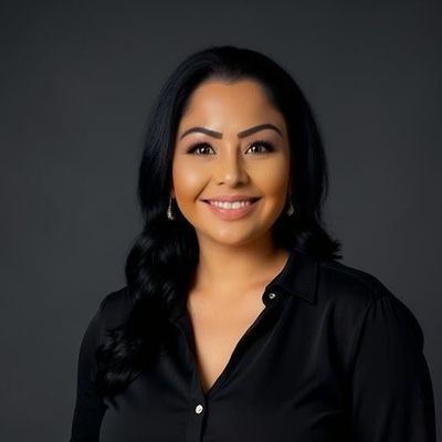 Woman with dark hair smiles, wearing a black shirt, against a gray background.