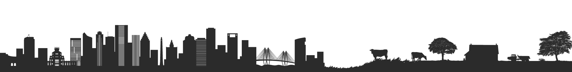 Silhouette of a cityscape transitioning to a rural scene with trees, animals, and buildings.