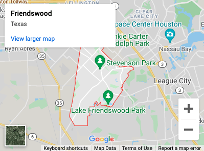 Map of Friendswood, Texas, showing parks within the city limits and surrounding areas, with a pop-up label.