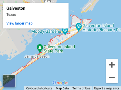 Map of Galveston, Texas, with labeled points of interest like Moody Gardens and Galveston Island State Park.