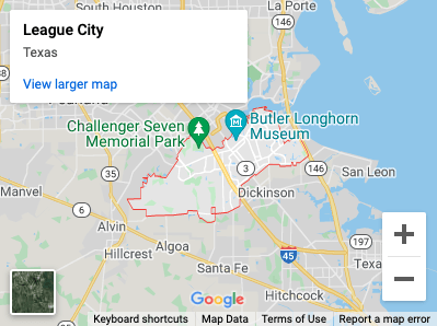 Map of League City, Texas, with surrounding areas highlighted, including Dickinson, Alvin, and the Gulf Coast.