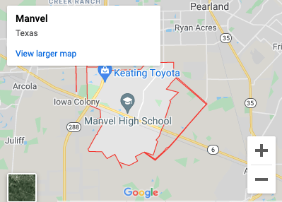 Map of Manvel, Texas. A red outlined area indicates the city boundaries near highways and the Manvel High School.