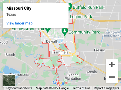 Map of Missouri City, Texas, with park locations labeled.