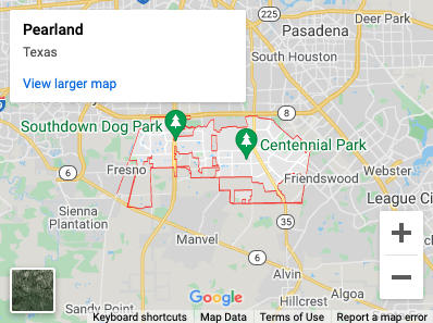 Map of Pearland, Texas, highlighting Centennial Park and Southdown Dog Park; includes surrounding cities and major roads.