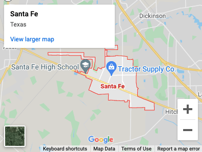 Map of Santa Fe, Texas, showing the city boundaries, with landmarks like Santa Fe High School and Tractor Supply Co.